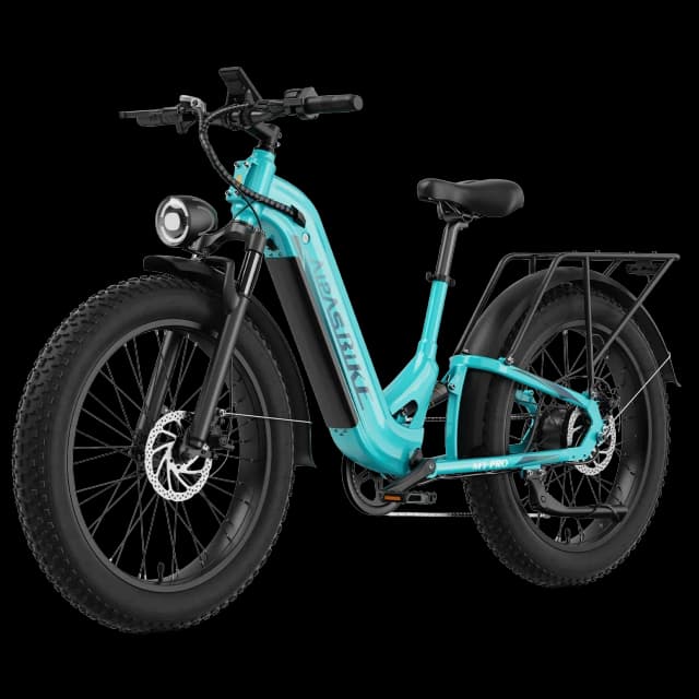 Side view of the cyan blue bicycle